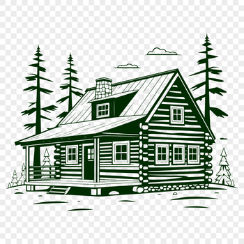 A detailed vector illustration of a cozy cabin in a natural setting.