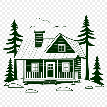 A 2D representation of a rustic cabin, created as a scalable vector graphic.