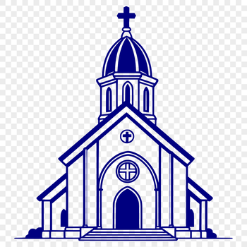 A detailed illustration of a traditional Catholic church with arches and stained glass windows.
