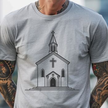 An illustration of a traditional Catholic church with a steeple and ornate details.