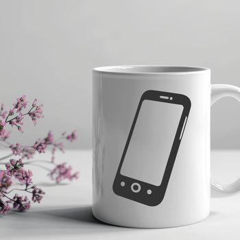 A stylized illustration of a smartphone with various features depicted in detail.