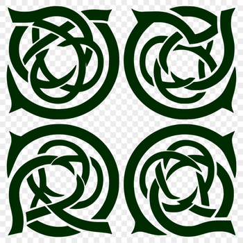 An ornate Celtic design consisting of interlocking geometric forms and embellishments.