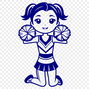 A young girl in a sports uniform with pom-poms, posing in a cheerleading stance.