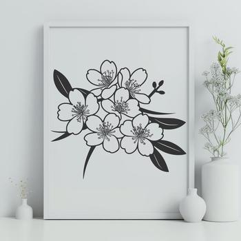 A stylized illustration of a cherry blossom in full bloom, featuring delicate petals and a prominent central cluster.