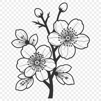 A stylized illustration of a cherry blossom in full bloom, featuring delicate pink petals and a green stem.