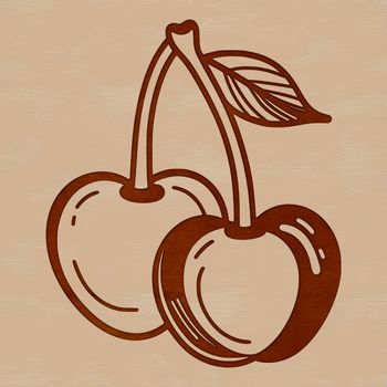 A single, red cherry with a stem and leaves, suitable for food or dessert designs.