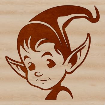 A small, mischievous-looking Christmas elf character with a pointed red hat and green coat.