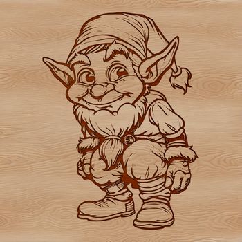 A small, standing figure in a red hat and green coat, depicted as a Christmas elf.