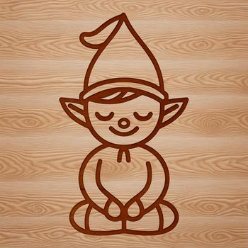 A simple line drawing of a Christmas elf sitting in a festive holiday setting.