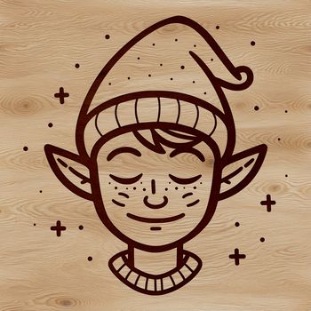 A smiling Christmas elf character with a pointed hat, depicted in bold vector lines.
