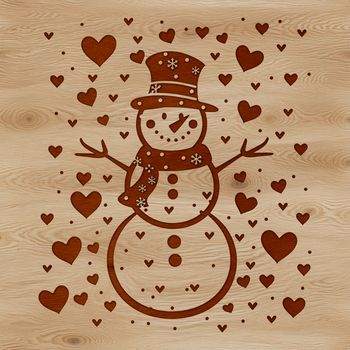 A cheerful winter character made from stacked snow blocks, decorated with love hearts.