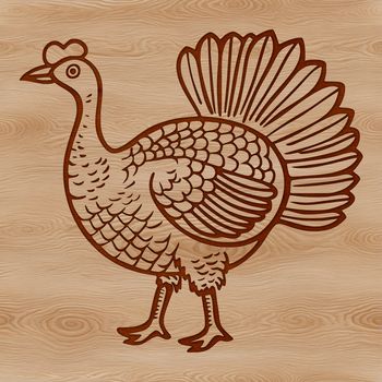 A colorful illustration of a domesticated turkey standing in a farm yard.