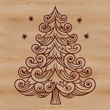 Ornate Christmas tree illustration with branches and ornaments, suitable for vector art projects.