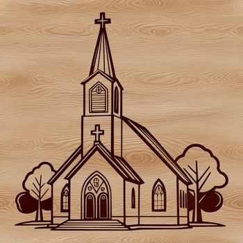 A simple vector illustration of a traditional Christian church building with a steeple and stained glass windows.