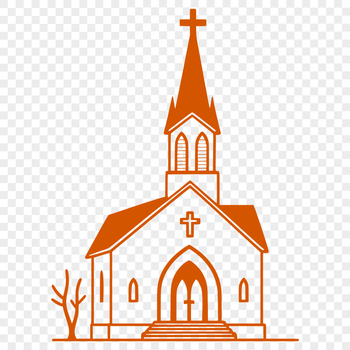 A 2D illustration of a church building with architectural details.
