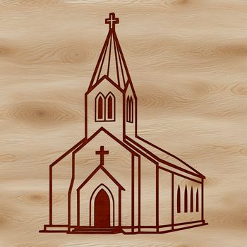 A detailed illustration of a church building with architectural features and religious symbols.
