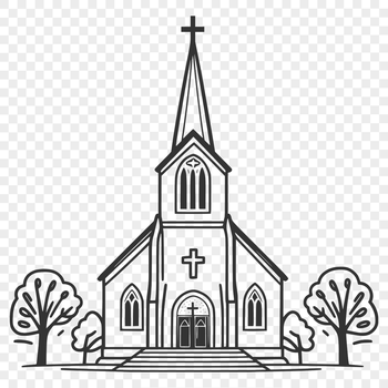 A 2D vector graphic illustration of a church building with architectural details.