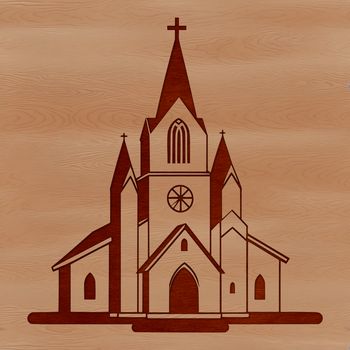 SVG illustration of a traditional Christian church building with a steepled roof and stained glass windows.
