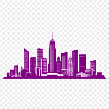 A detailed, scalable vector graphic representation of a city skyline with multiple buildings and structures.