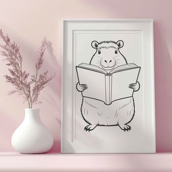 A cartoon capybara sitting on the ground with a book in front of it.