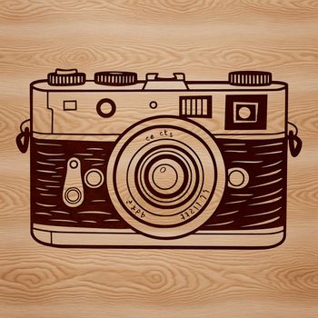 Vector graphics illustration of a digital camera with lens and viewfinder.