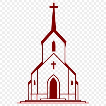 A simple, illustrated representation of a traditional church building with a cross-topped steeple.