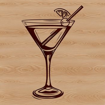 A glass filled with a colorful cocktail garnished with a cherry and lime wedge.
