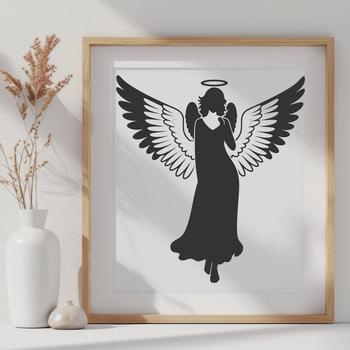 A white and gold-colored 2D graphic illustration of a smiling angel with outstretched wings in vector format.