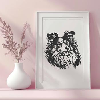 A high-quality digital illustration of a Shetland Sheepdog's head in vector format.