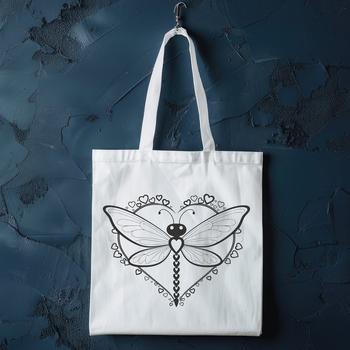 A colorful dragonfly design with heart patterns surrounding its body.