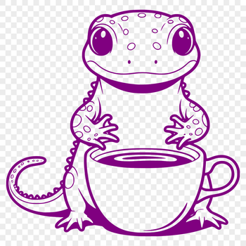 A digital illustration of a salamander in a coffee cup setting.