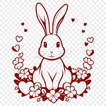 A sitting rabbit character with love hearts surrounding its body.