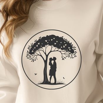 An illustration of a couple embracing under the branches of a tree, symbolizing love and affection.