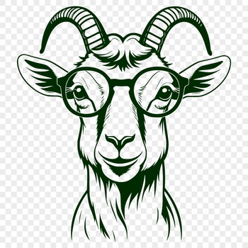 An illustration of a goat wearing glasses on a farm.