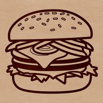 A stylized illustration of a classic hamburger with sesame seed bun and various toppings.