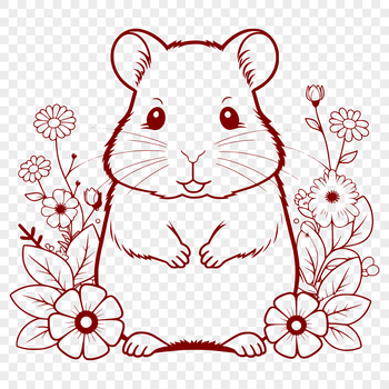 A small, furry hamster standing in front of a floral background.