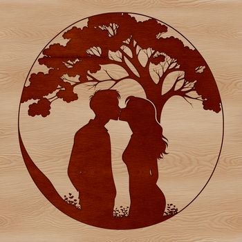 A vector graphic representation of a couple embracing under a lush tree, perfect for Valentine's Day or wedding celebrations.