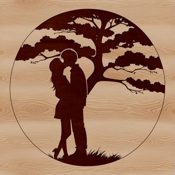 A vector graphic design featuring a stylized tree with a romantic kiss moment under its boughs.
