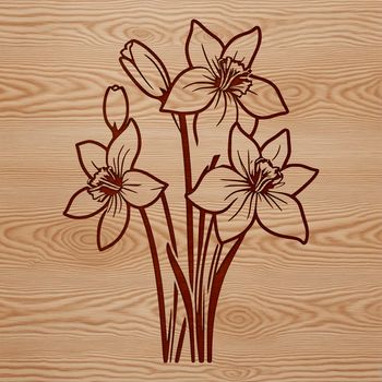 A stylized illustration of a daffodil flower in a garden setting.
