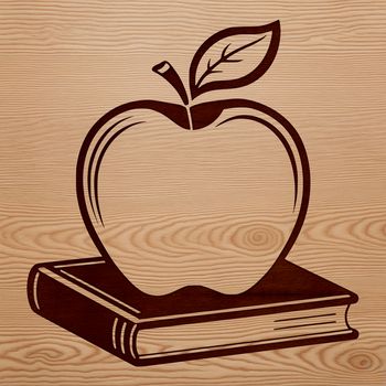A stylized illustration of a book with an apple logo on the cover.