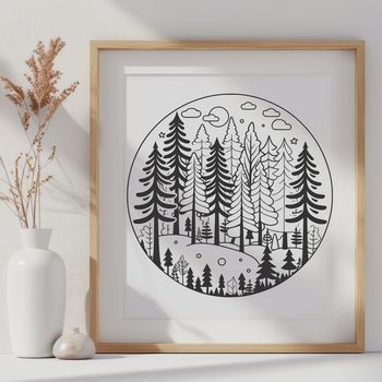 A lush forest landscape with trees and foliage depicted in vector format.
