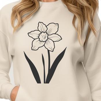A high-quality digital illustration of a blooming daffodil flower with green stem and leaves.