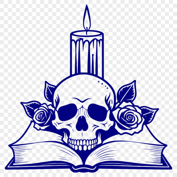 A dark, detailed illustration of a skull surrounded by a candle flame, a book, and a rose.