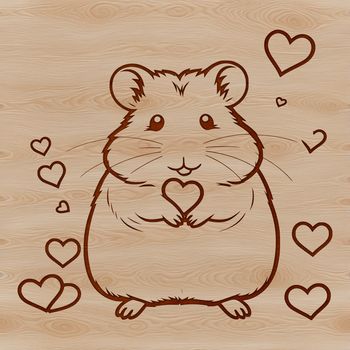 A cute cartoon hamster with love hearts surrounding its face.