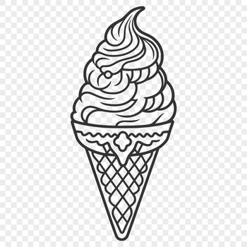 A stylized illustration of a single scoop of creamy ice cream on a cone.