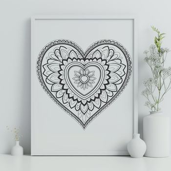 An intricate mandala design in the shape of a heart, suitable for vector art projects.