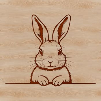 A simple illustration of a rabbit's head peeking out from behind a decorative element.