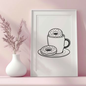A vector graphic of a tasty donut sitting next to a cup, suitable for design and crafting use.