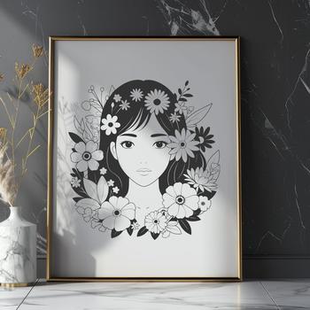 A digital illustration of a woman in a floral pattern.