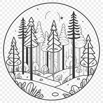 A detailed vector illustration of a forest landscape with various trees and foliage.